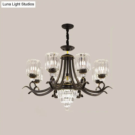Minimalist Black Crystal Block Chandelier With Curvy Arm - 6/8-Bulb Ceiling Pendant Light