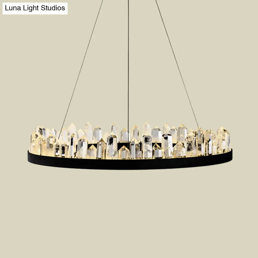 Minimalist Black Crystal Ring Led Ceiling Pendant Light Kit - Ideal For Living Room