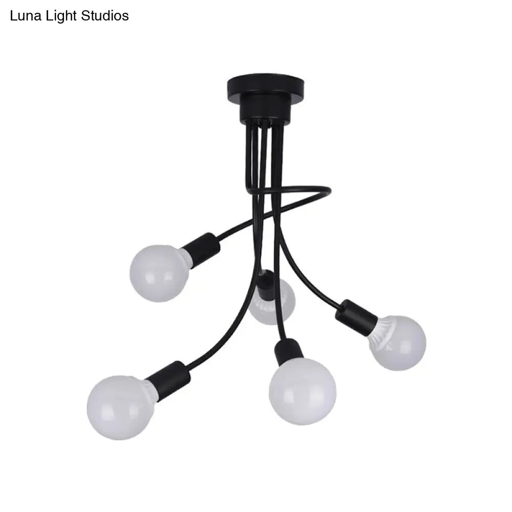 Minimalist Black Curved Arm Semi Flush Mount Light 3/5 Bulbs Iron Ceiling Lamp