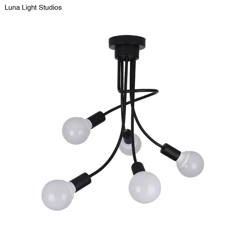 Minimalist Black Curved Arm Semi Flush Mount Light 3/5 Bulbs Iron Ceiling Lamp