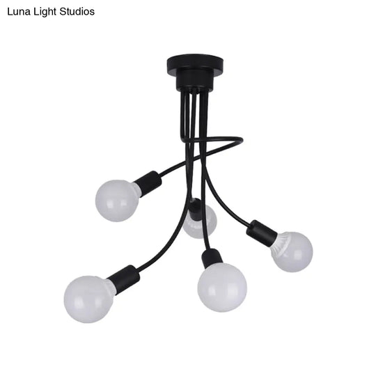 Minimalist Black Curved Arm Semi Flush Mount Light 3/5 Bulbs Iron Ceiling Lamp