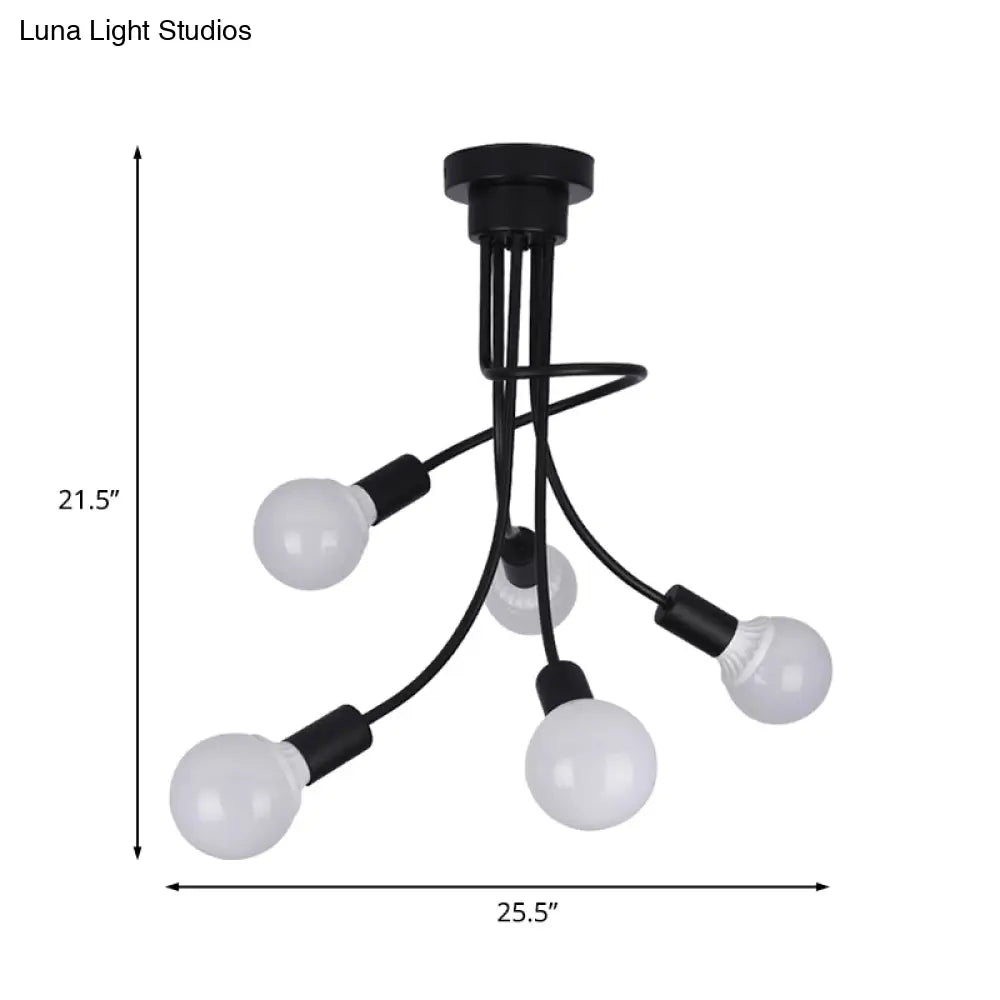 Minimalist Black Curved Arm Semi Flush Mount Light 3/5 Bulbs Iron Ceiling Lamp