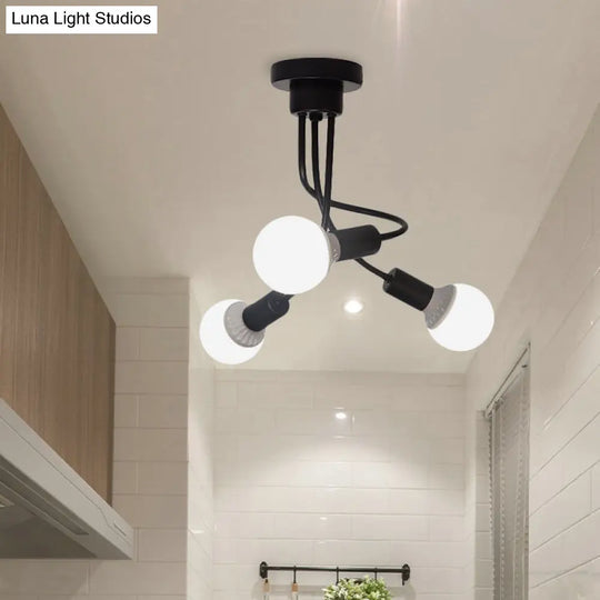 Minimalist Black Curved Arm Semi Flush Mount Light 3/5 Bulbs Iron Ceiling Lamp