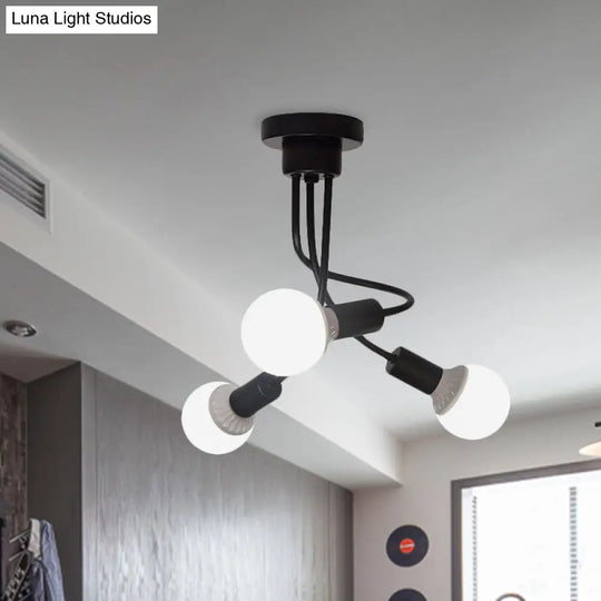 Minimalist Black Curved Arm Semi Flush Mount Light 3/5 Bulbs Iron Ceiling Lamp