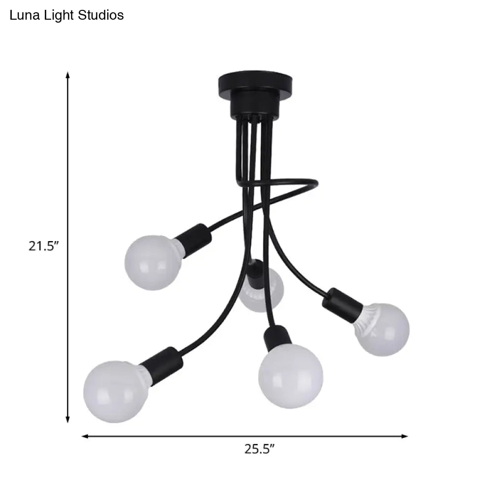 Minimalist Black Curved Arm Semi Flush Mount Light 3/5 Bulbs Iron Ceiling Lamp