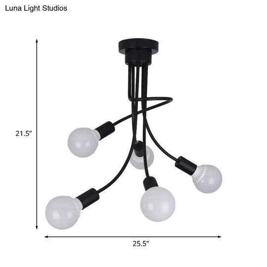 Minimalist Black Curved Arm Semi Flush Mount Light 3/5 Bulbs Iron Ceiling Lamp