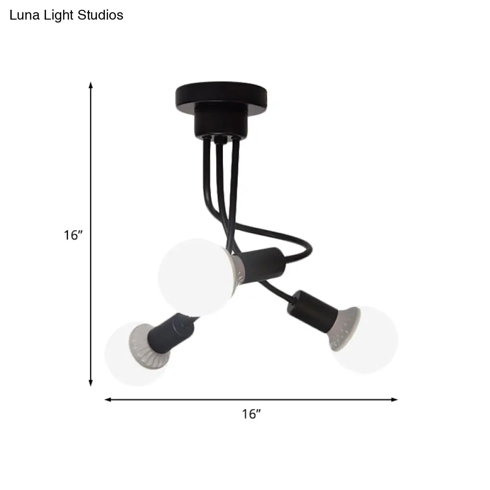 Minimalist Black Curved Arm Semi Flush Mount Light 3/5 Bulbs Iron Ceiling Lamp