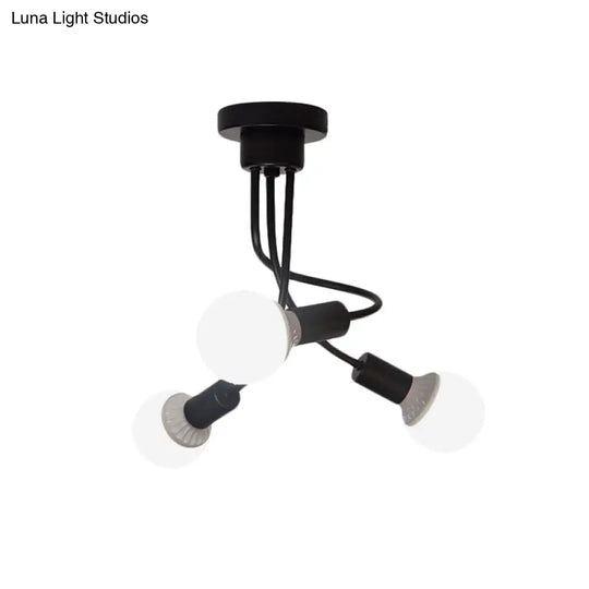 Minimalist Black Curved Arm Semi Flush Mount Light 3/5 Bulbs Iron Ceiling Lamp