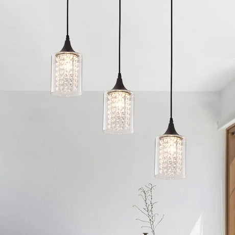 Minimalist Black Cylinder Pendant Light With 3 Clear Glass Shades And Linear/Round Canopy / Linear
