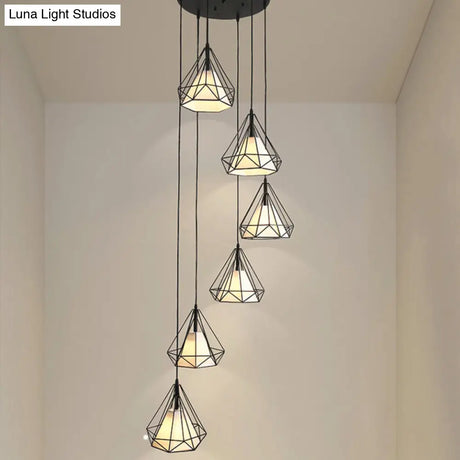 Minimalist Black Diamond Cage Pendant Light Kit With 6 Inner Fabric Shades: Versatile Corridor
