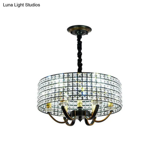 Minimalist Crystal Drum Chandelier Pendant Light Elegant 6-Light Dining Room Hanging Lamp Black