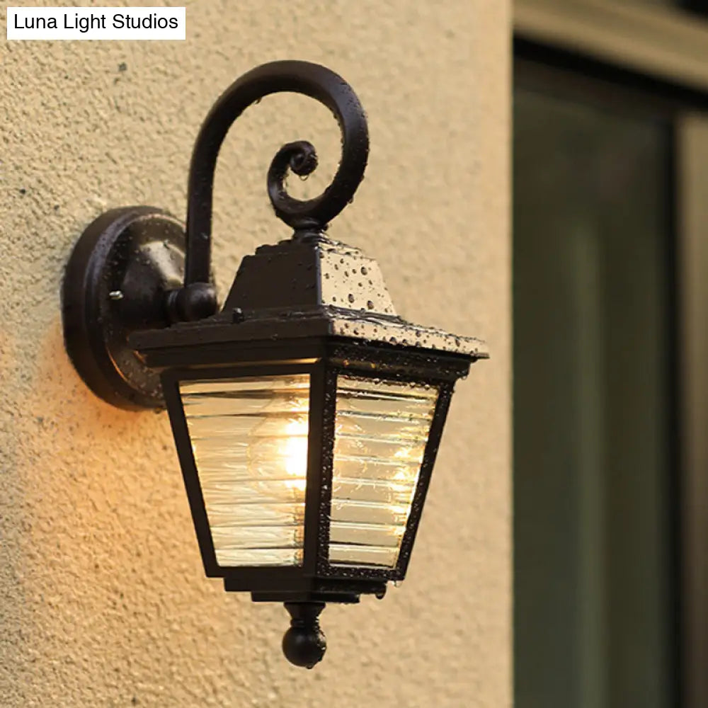 Minimalist Black Glass Lantern Sconce - Trapezoid Ribbed Design Wall Mount Lamp