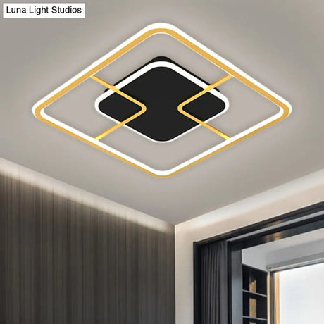 Minimalist Black & Gold Led Ceiling Light With Metal Square Frame 16/19.5 Width