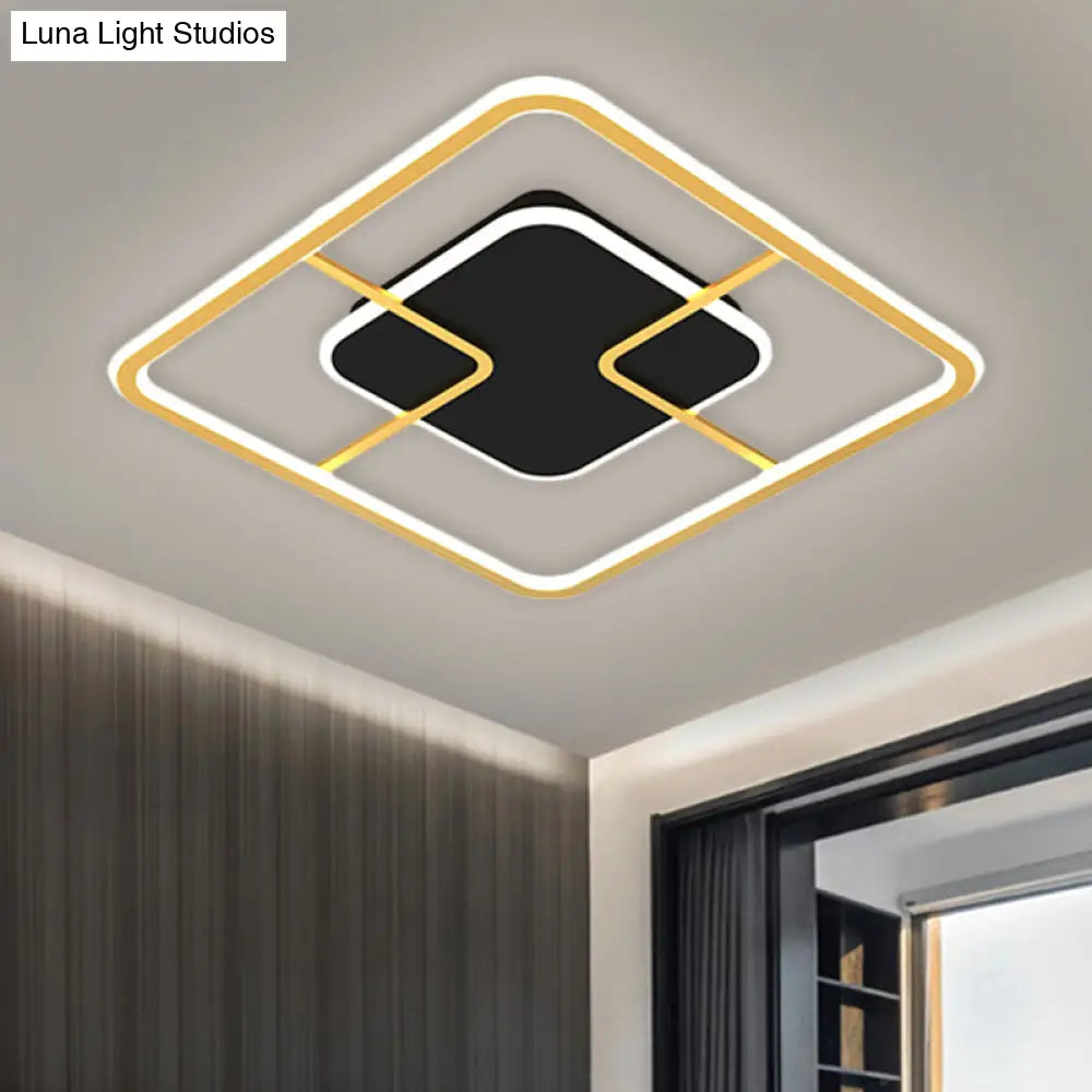 Minimalist Black & Gold Led Ceiling Light With Metal Square Frame 16/19.5 Width
