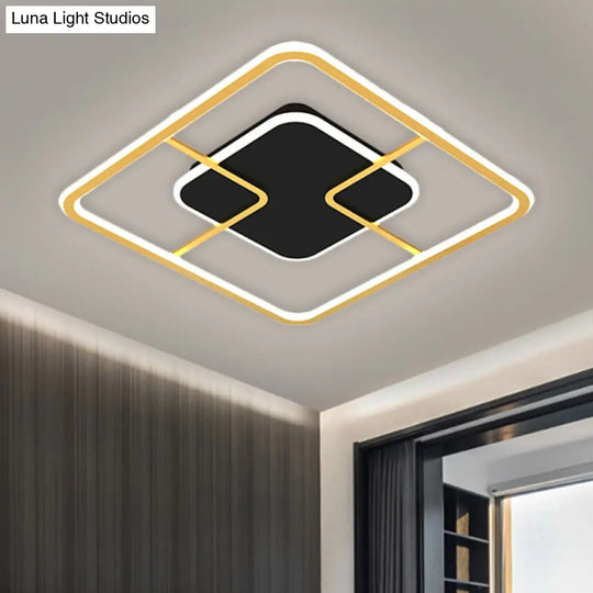 Minimalist Black & Gold Led Ceiling Light With Metal Square Frame 16/19.5 Width