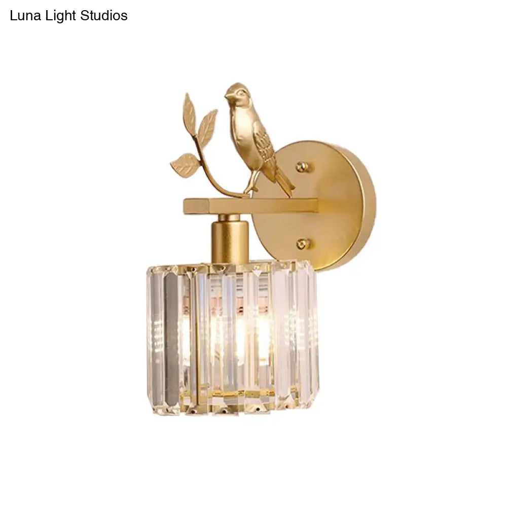 Minimalist Black/Gold Wall Sconce With K9 Crystal Cylinder And Bird Detail - 1 Bulb Light