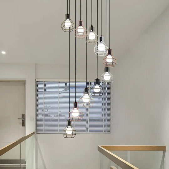 Minimalist Black Metal Grenade Cage Pendant Light For Staircase With Multiple Lights 10 /