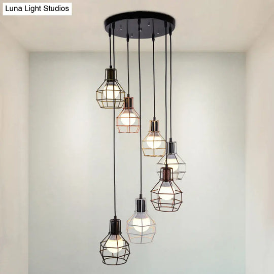 Minimalist Black Metal Cage Suspension Light - Multi-Light Pendant For Staircase 7 /