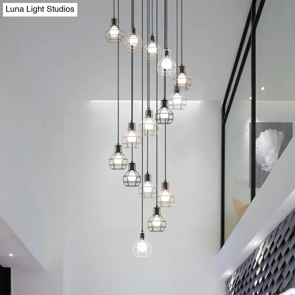 Minimalist Black Metal Cage Suspension Light - Multi-Light Pendant For Staircase 15 /