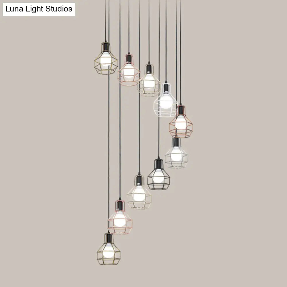 Minimalist Black Metal Grenade Cage Pendant Light For Staircase With Multiple Lights