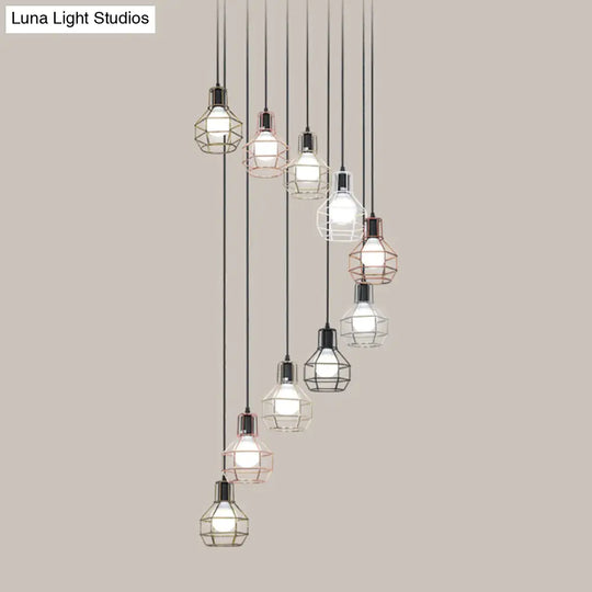 Minimalist Black Metal Grenade Cage Pendant Light For Staircase With Multiple Lights