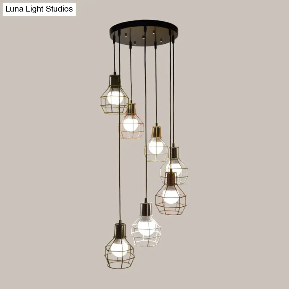 Minimalist Black Metal Cage Suspension Light - Multi-Light Pendant For Staircase