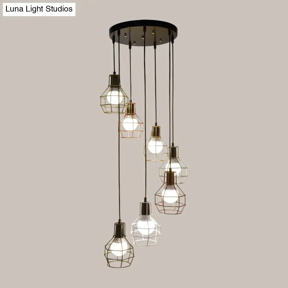 Minimalist Black Metal Grenade Cage Pendant Light For Staircase With Multiple Lights