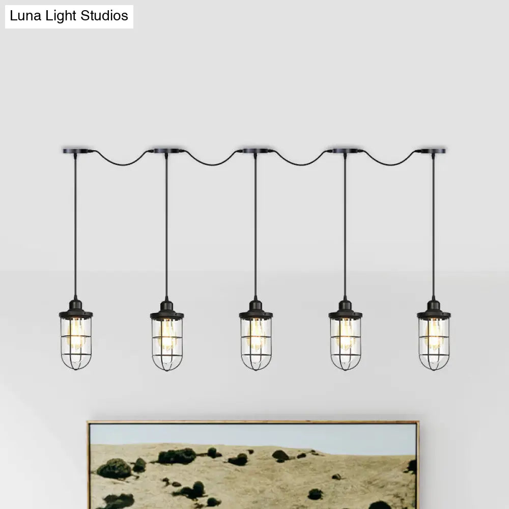 Black Multi-Light Chandelier | Farmhouse Style Clear Glass Cage Tandem Ceiling Lamp