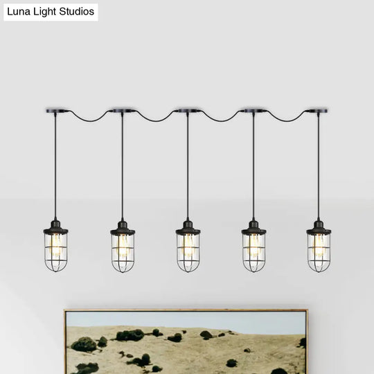 Black Multi-Light Chandelier | Farmhouse Style Clear Glass Cage Tandem Ceiling Lamp