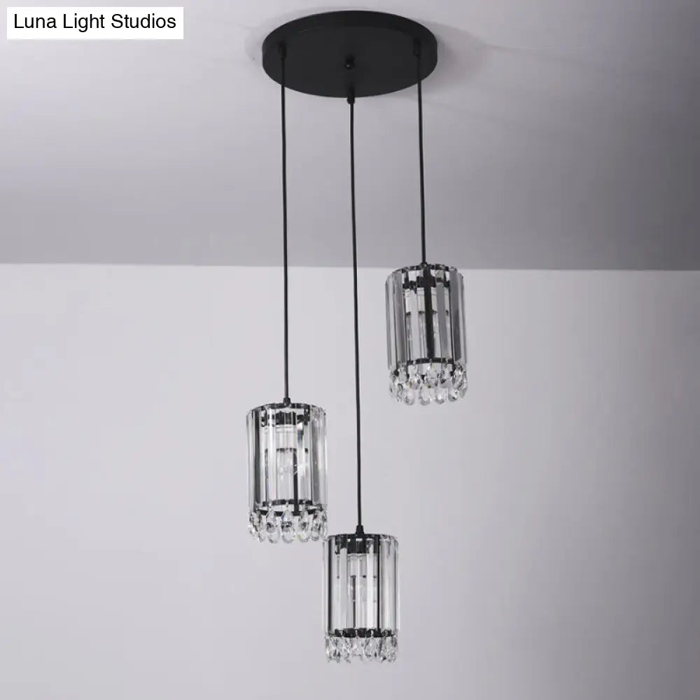 Minimalist Black Multi Pendant Light With Crystal Prisms Cylinder Design And 3 Heads - Available In