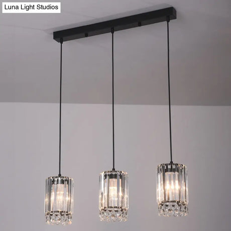 Minimalist Black Multi Pendant Light With Crystal Prisms Cylinder Design And 3 Heads - Available In
