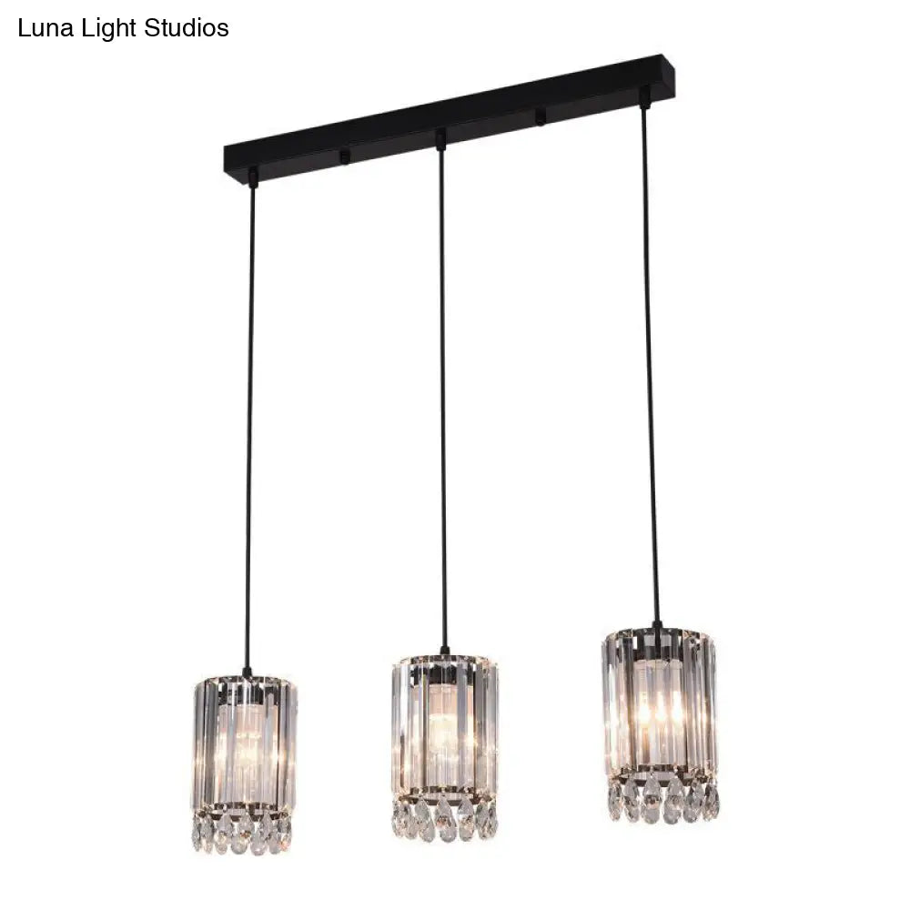 Black Cylinder Crystal Prisms Pendant Light - Minimalist Down Lighting 3 Heads 18/27 Wide