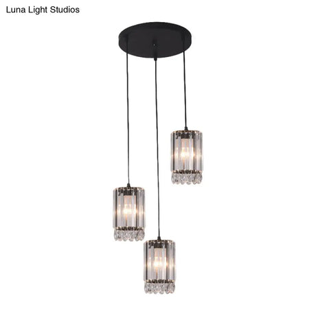Minimalist Black Multi Pendant Light With Crystal Prisms Cylinder Design And 3 Heads - Available In