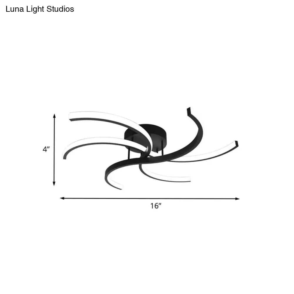 Minimalist Black Swirl Led Flush Mount Ceiling Fixture - 16’/19.5’ Wide Semi For Bedroom