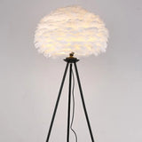 Minimalist Black-White Floor Lamp With Feather Dome Shade - 1-Light Living Room Stand Up Light Black
