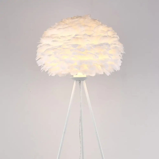 Minimalist Black-White Floor Lamp With Feather Dome Shade - 1-Light Living Room Stand Up Light White