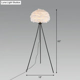 Minimalist Black-White Floor Lamp With Feather Dome Shade - 1-Light Living Room Stand Up Light