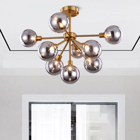 Minimalist Brass Flush Mount Chandelier With White/Smoke Gray Glass – 7/9/10 Lights 9 / Smoke