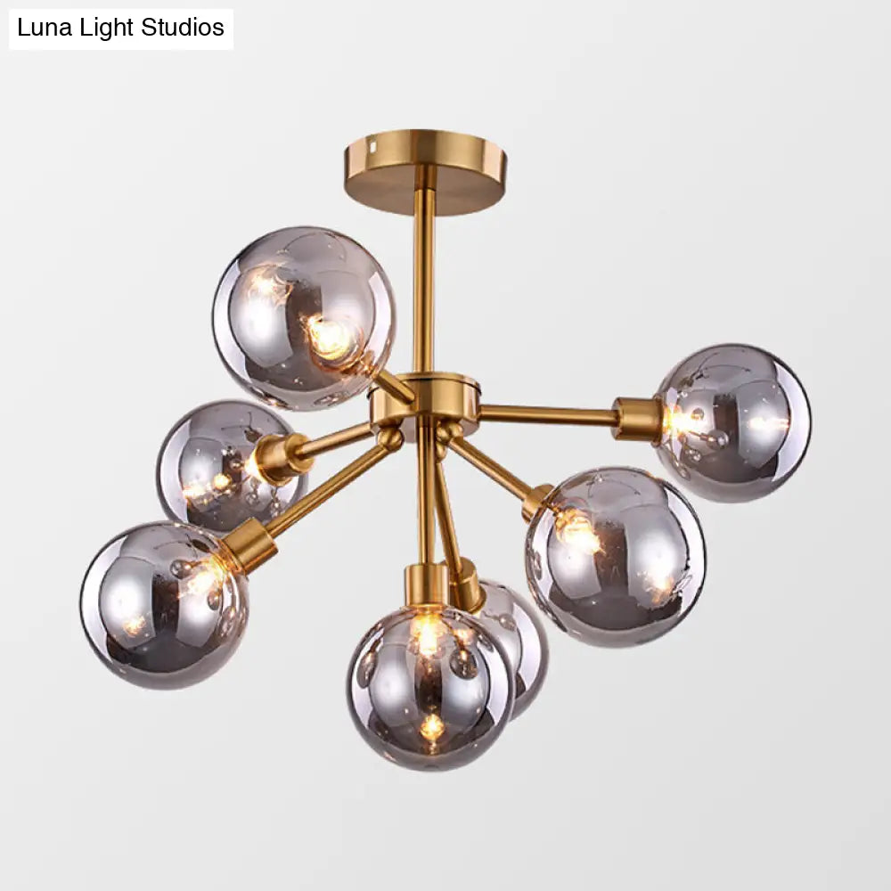 Minimalist Brass Semi Flush Chandelier - 7/9/10 Lights White/Smoke Gray Glass