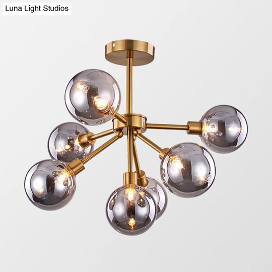 Minimalist Brass Semi Flush Chandelier - 7/9/10 Lights White/Smoke Gray Glass