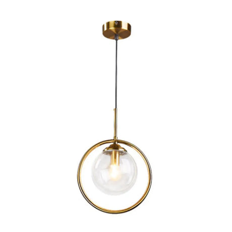 Minimalist Brass Plated Ball Drop Pendant Light With Clear Glass And Ring Decoration