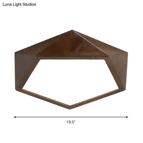 Minimalist Brown Wooden Flush Mount Led Ceiling Lamp - Faceted Pentagon Design (13’/16’/19.5’ Wide)
