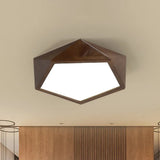 Minimalist Brown Wooden Flush Mount Led Ceiling Lamp - Faceted Pentagon Design (13’/16’/19.5’