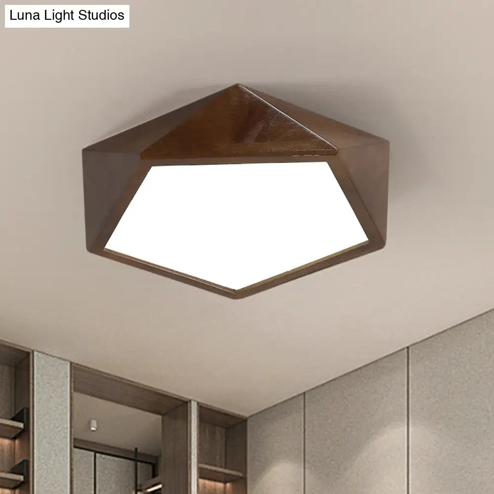 Minimalist Brown Wooden Flush Mount Led Ceiling Lamp - Faceted Pentagon Design (13’/16’/19.5’ Wide)