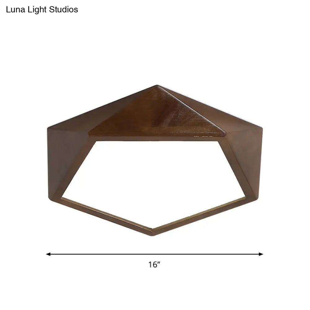 Minimalist Brown Wooden Flush Mount Led Ceiling Lamp - Faceted Pentagon Design (13’/16’/19.5’ Wide)