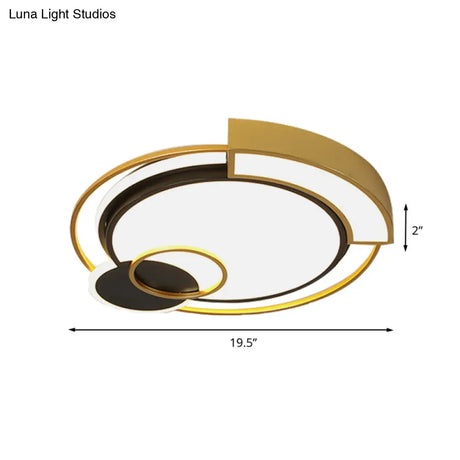 Minimalist Circle Flush Light Fixture: Metal Led Bedroom Ceiling Lamp 16’/19.5’ Width Black/Gold
