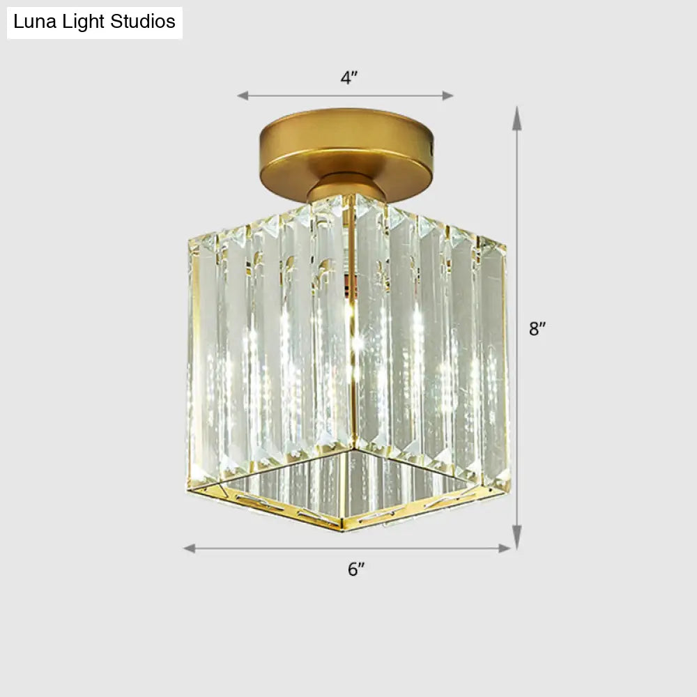 Minimalist Clear Crystal Geometric Ceiling Lamp - 1 Bulb Brass Finish Semi Flush Light For Aisle /