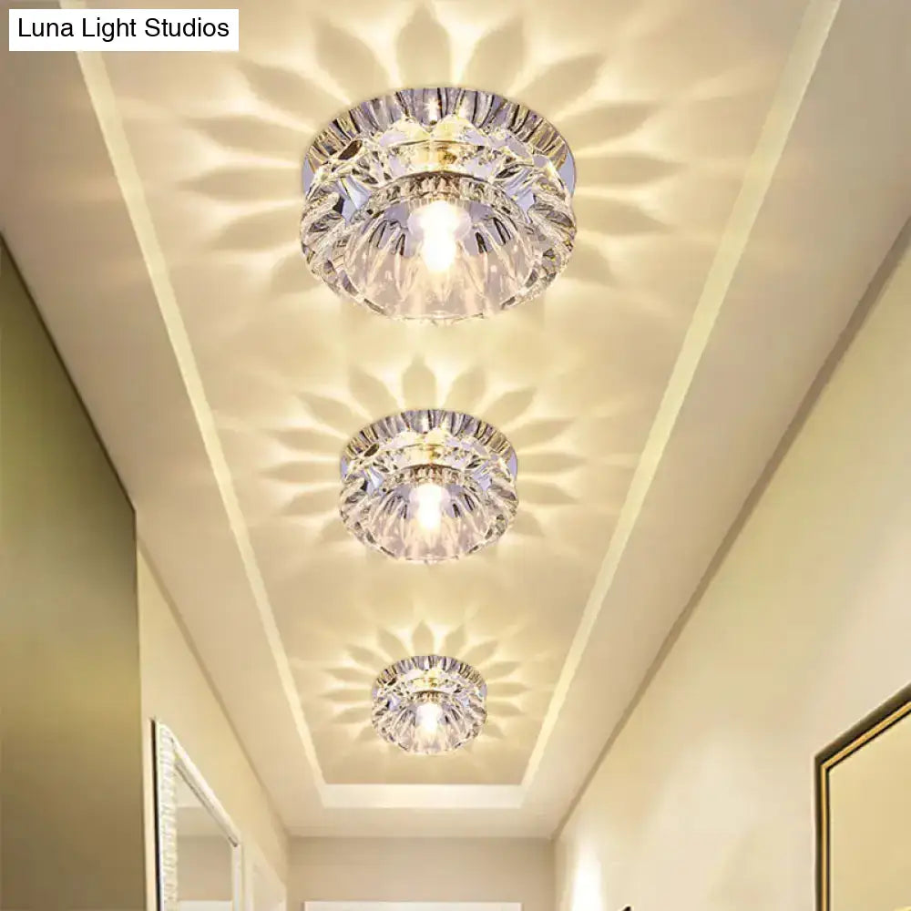 Minimalist Clear Crystal Led Chrome Close To Ceiling Light With Bowl Shade - Ideal For Foyer / Warm