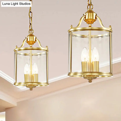 Minimalist Clear Glass Brass Cylinder Chandelier - Hanging Ceiling Light With 3 Bulbs 8/12 Wide