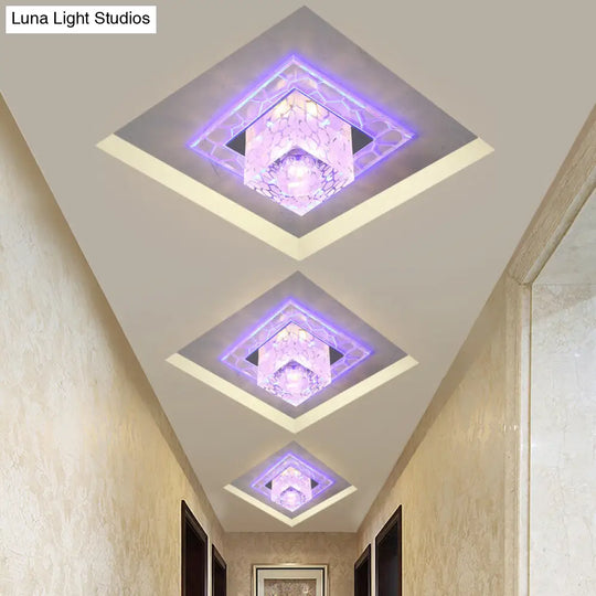 Minimalist Clear Led Crystal Square Flush Mount Lighting For Passage